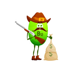 Cartoon vitamin ranger character with money. B12 cowboy personage with rifle gun and sack. Isolated vector robber wear ranger hat and boots robbed bank. Funny green capsule character