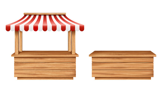 Realistic market stall booth, isolated 3d vector empty wooden stall with striped canopy. Mockup of wood counter awning with red and white stripes for street trading, retail stand of grocery goods