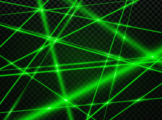 Crossed green laser beam lights. Abstract vector background with neon glowing rays. Night club illumination, bank security protection net, laser lines and flare flash on transparent backdrop