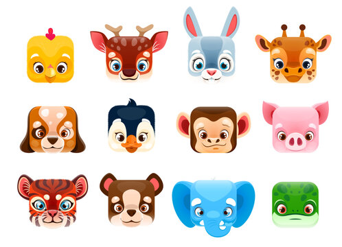 Cartoon kawaii square animal faces. Vector heads of cute dog, bear, pig and penguin, rabbit, monkey, giraffe and tiger, elephant, frog, chicken and deer. Baby animal characters for avatars, game ui