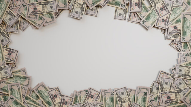 Fifty Dollar Bills Border on White Surface. Finance Wallpaper with copy-space.