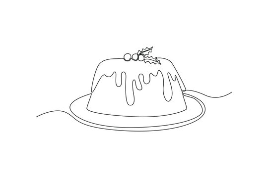 Continuous one line drawing pudding with berry on a plate. Dessert concept. Single line draw design vector graphic illustration.
