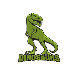 Danger tyrannosaur dinosaur mascot. T-rex monster, aggressive jurassic reptile university, school or college sport team mascot vector symbol. Roaring tyrannosaurus, ferocious raptor animal mascot