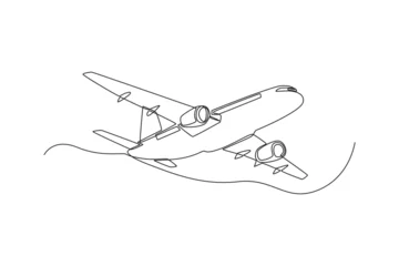 Fotobehang Een lijn Single one line drawing airplane. vehicle concept. Continuous line draw design graphic vector illustration.