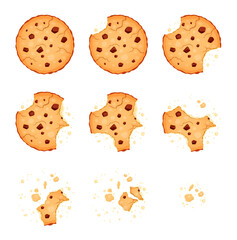 Crumble biscuit cookie animated sprite. Vector crunchy dessert with chocolate pieces and crumbs. 2d cookie for cartoon game, whole and bitten dessert disappear animation. Isolated homemade bakery