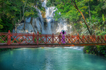  Kuang Si waterfall the most popular tourist attractions Lungprabang, Laos.