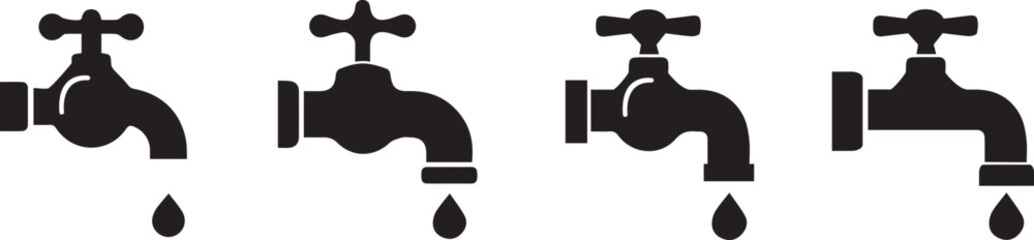 Faucet icons set. Water tap collection. Bathroom faucet symbol flat and line style