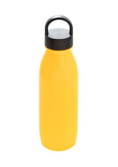 Plastic bottle isolated on white background. Bottle of water. Daily use. Beverage. Drinking. Travel cup. Object. Yellow colour. Yellow bottle.