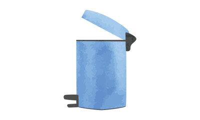 Trash can with pedal and open lid watercolor style vector illustration isolated on white background. Pedal bin clipart. Kitchen bin simple clipart. Cylinder pedal trash can opening lid cartoon drawing