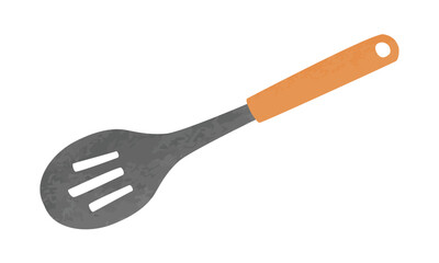 Simple cooking spoon with wooden handle watercolor drawing vector illustration isolated on white background. Slotted spoon clipart. Spoon hand drawn cartoon style. Kitchen utensils watercolor clipart
