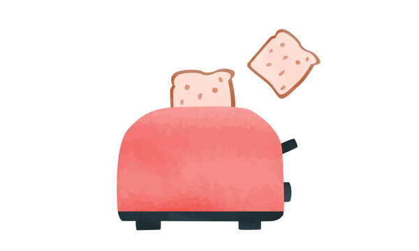 Simple Toaster With Roasted Toast Bread Popping Up Watercolor Vector Illustration Isolated On White Background. Toaster Clipart. Slices Of Toast Jumping Out Of The Pop Up Toaster Cartoon Hand Drawn