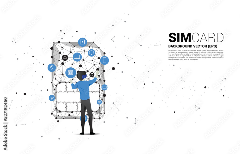 Poster silhouette man wear vr glasses and dot connect line shaped sim card icon. concept for mobile sim car