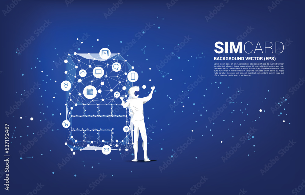 Poster silhouette man wear vr glasses and dot connect line and sim card icon. concept for mobile sim card t