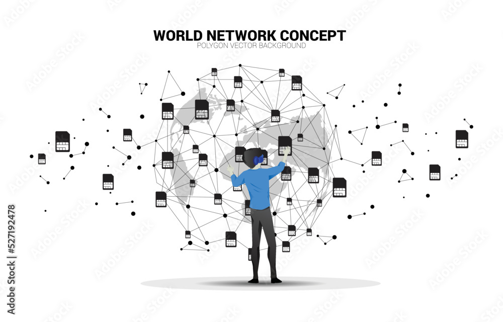 Poster silhouette man wear vr glasses and dot connect line and sim card icon. concept for mobile sim card t