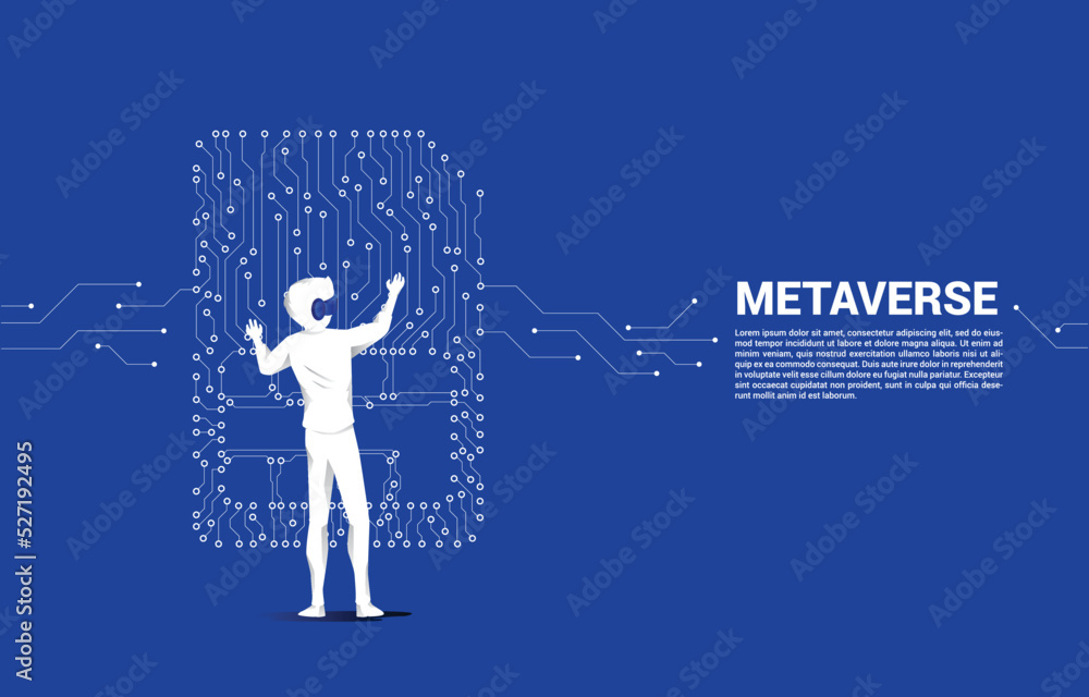 Poster silhouette man wear vr glasses and dot connect line shaped sim card icon. concept for mobile sim car