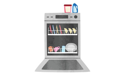 Opened dishwasher and detergent watercolor style vector illustration isolated on white background. Simple dishwasher clipart. Closed modern dishwasher front view cartoon drawing. Kitchen appliances