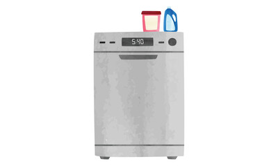 Dishwasher and detergent watercolor style vector illustration isolated on white background. Simple dishwasher clipart. Closed modern dishwasher front view cartoon drawing. Kitchen appliances doodle