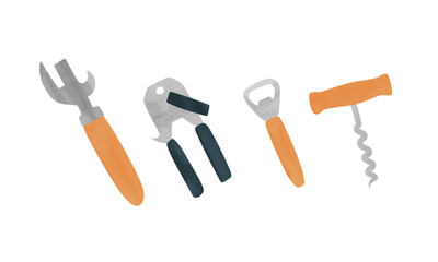 Set of kitchen openers watercolor style vector illustration isolated on white background. Bottle cap opener clipart drawing. Bottle opener, can opener, corkscrew clipart cartoon hand drawn