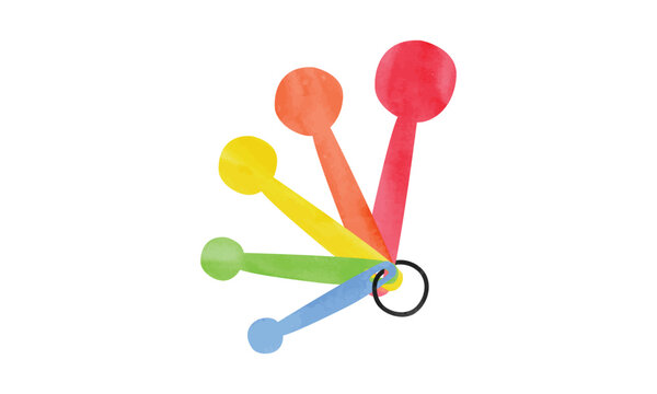 Colorful measuring spoons watercolor style vector illustration isolated on white background. Simple measuring spoons clipart. Watercolor plastic measuring spoons for cooking cartoon hand drawn