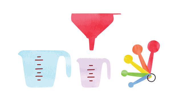 Set of kitchen measuring cups, measuring spoons and funnel watercolor style vector isolated on white background. Measuring cup and measuring spoons use in cooking clipart. Kitchen utensils cartoon