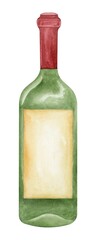 Green bottle of red wine watercolor illustartion. Wine clipart element on white background.