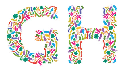 Vector alphabet G H made of Bacteria isolated on white background, bacteria font. Vector illustration.
