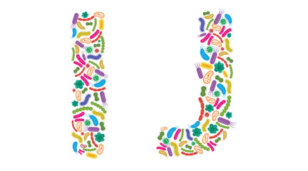 Vector alphabet I J made of Bacteria isolated on white background, bacteria font. Vector illustration. - obrazy, fototapety, plakaty