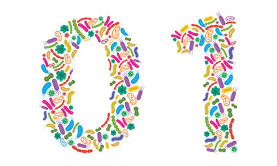 Number 0 1 made of Bacteria isolated on white background, bacteria font. Vector illustration.
