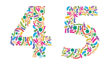 Number 4 5 made of Bacteria isolated on white background, bacteria font. Vector illustration.