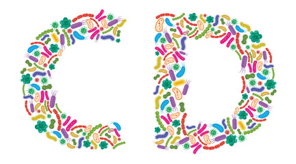 Vector alphabet C D made of Bacteria isolated on white background, bacteria font. Vector illustration.