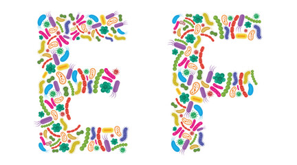 Vector alphabet E F made of Bacteria isolated on white background, bacteria font. Vector illustration.