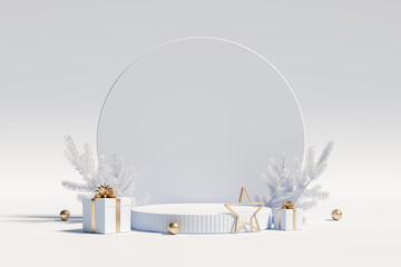 Christmas podium for branding and packaging presentation. Product display with gift boxes, christmas tree and snow. Christmas showcase. Cosmetic and fashion. 3d illustration. 3d render.