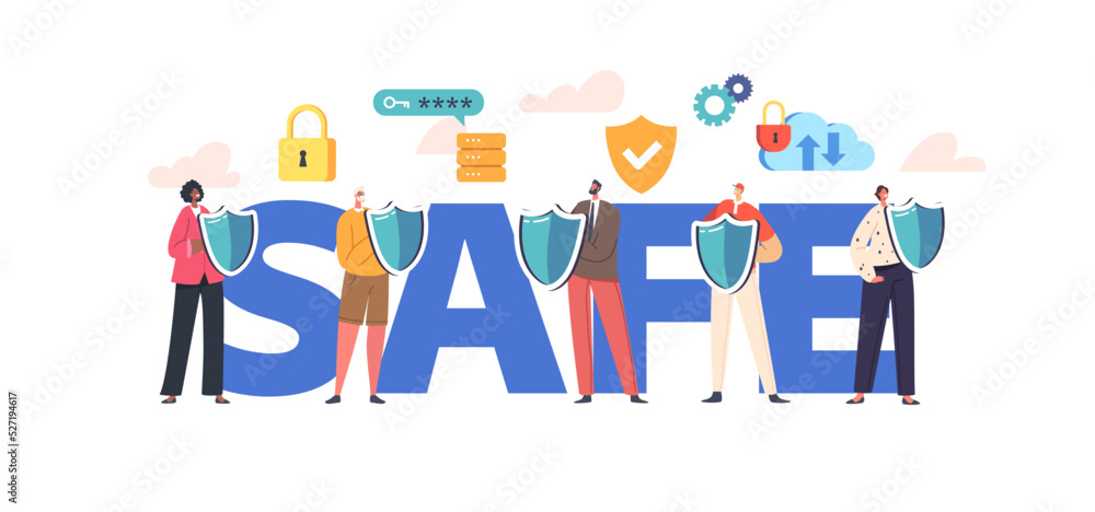 Poster safe internet privacy data protection in internet. virtual private network concept. characters with 