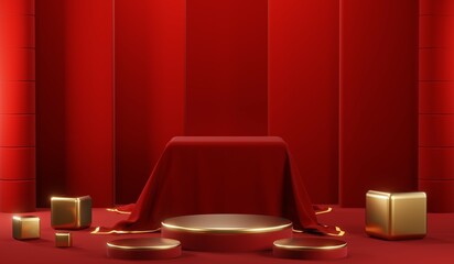 3D rendering of blank product background for cream cosmetics Modern red podium background