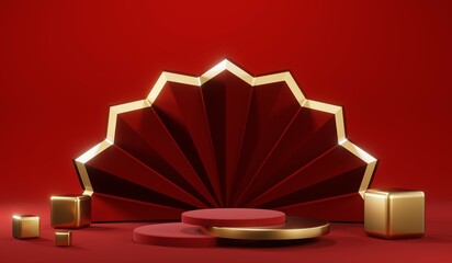 Obraz premium 3D rendering of blank product background for cream cosmetics Modern red podium background
