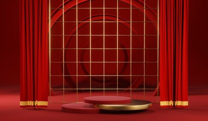 3D rendering of blank product background for cream cosmetics Modern red podium background