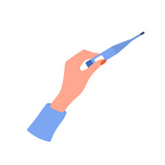 Female hand holding thermometer. Healthcare concept. Vector illustration in flat cartoon style. Cold and flu treatment. Woman takes her temperature.