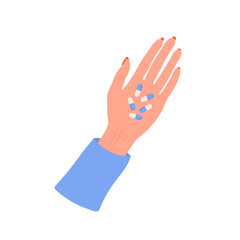 Female hand holding pills. Healthcare and medicine concept. Woman drinks vitamin complex and minerals. Vector illustration in flat cartoon style. Medication and pharmaceutical drug.