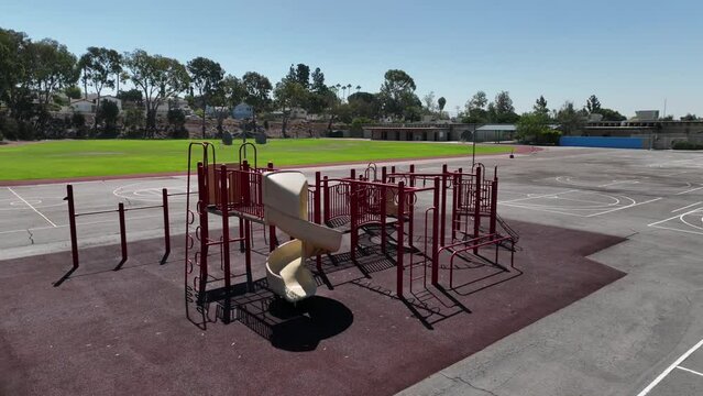 Outdoor Playground Leisure Facilities Park for Kids in Myron B. Green Elementary School Yard, San Carlos Community San Diego California, Surrounded by Games and Sports Ground, Aerial Orbital  