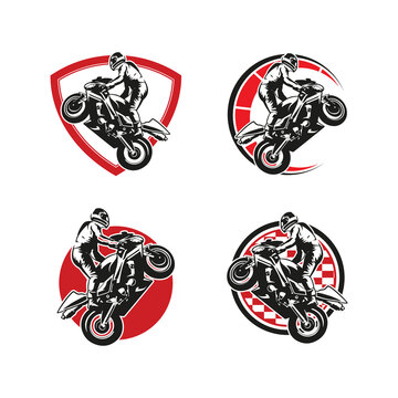 Collection of standing motor bike. motor bike freestyle attraction logo design template