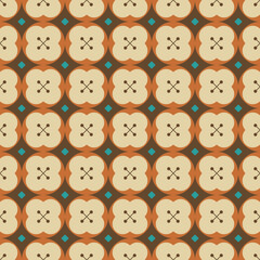 Retro modern seamless pattern with floral motif, circles, and small diamonds.