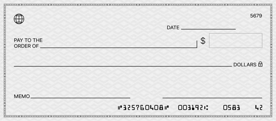Bank check, vector blank money cheque, checkbook template with guilloche pattern and fields. Currency payment coupon, money check background - obrazy, fototapety, plakaty