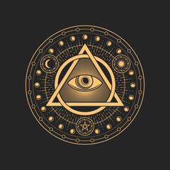 Prediction eye, occult and esoteric tarot magic symbol with pentagram ethnic amulet. Vector occultism holistic vision sign, tribal chakra, all seeing eye