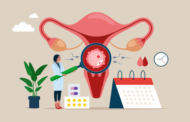 Woman doctor making uterus examination. Abstract concept of gynaecology and female health. Female doctor using magnifier to check uterus. Vector illustration - obrazy, fototapety, plakaty