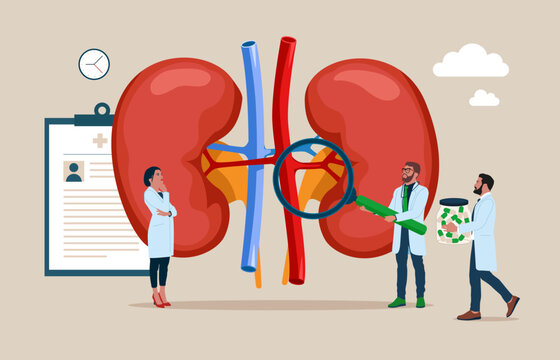 Medical specialists studying donor inner organ. Doctors examining kidneys flat vector illustration. Medicine, physiology and pharmacy research.
