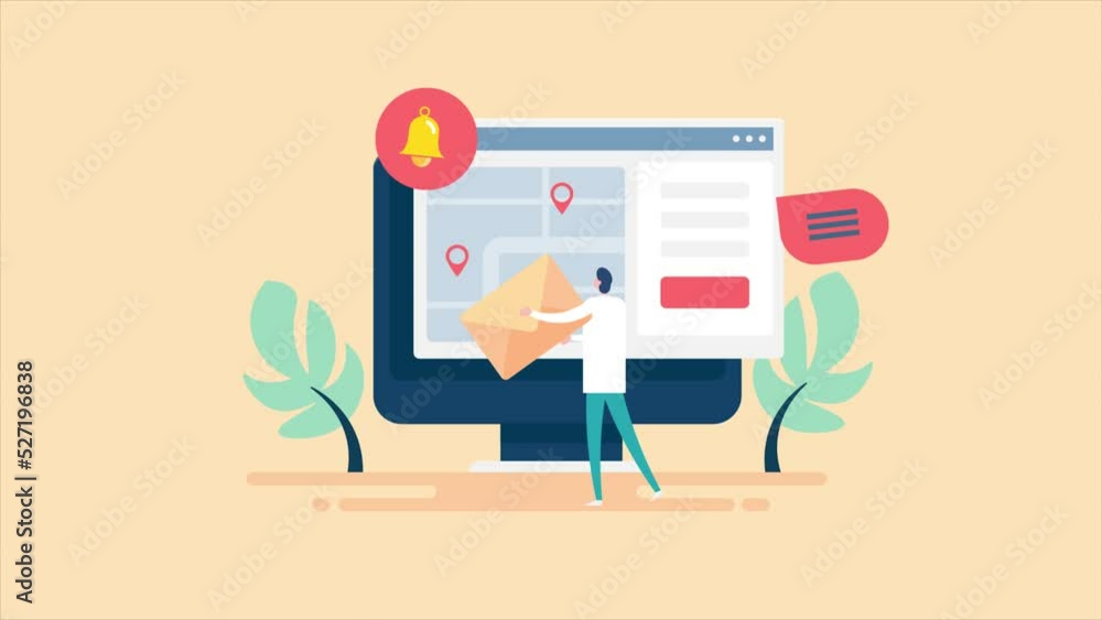 Poster man holding envelope in front of computer screen, email contact communication technology, animation 