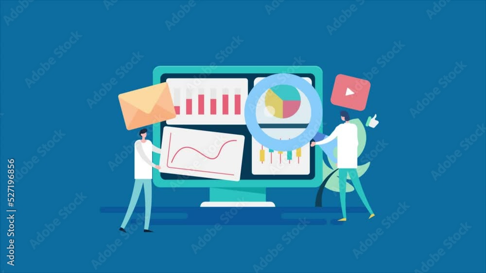 Poster animation - business analytics team monitoring digital marketing kpi and web data on dashboard scree