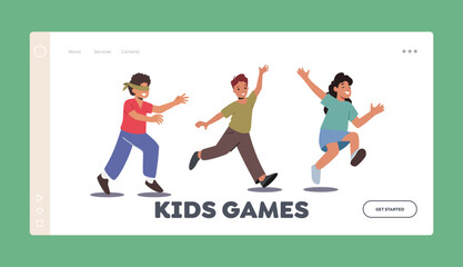 Kids Games Landing Page Template. Little Boy with Blindfold Catching Hiding Friends. Summer Active Games for Children