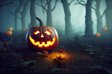 Fototapeta premium Halloween pumpkin burning in dark forest at night. Halloween concept, copy space. 3d illustration.