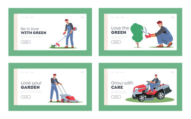 Worker Mow Lawn and Cutting Plants in Garden Landing Page Template Set. Man Gardener Use Trimmer Caring Home Backyard